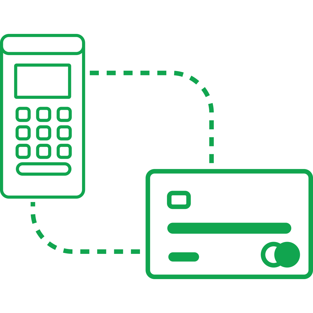 POS TERMINAL icon featuring EMV/NFC/Swipe and contactless payment acceptance for credit cards and check processing on a countertop.